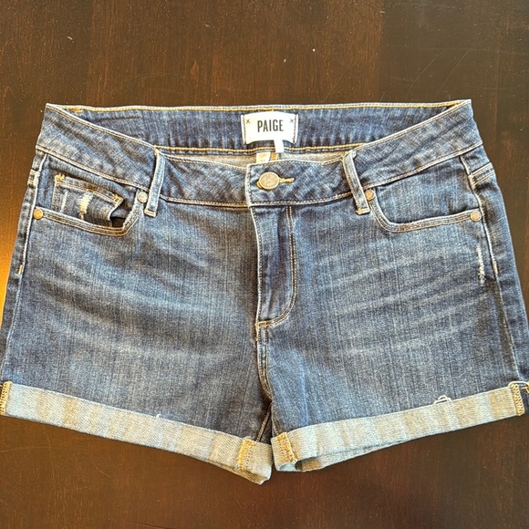 PAIGE Blue Jean Shorts with Rolled Cuff and Distressed Details - Picture 1 of 3